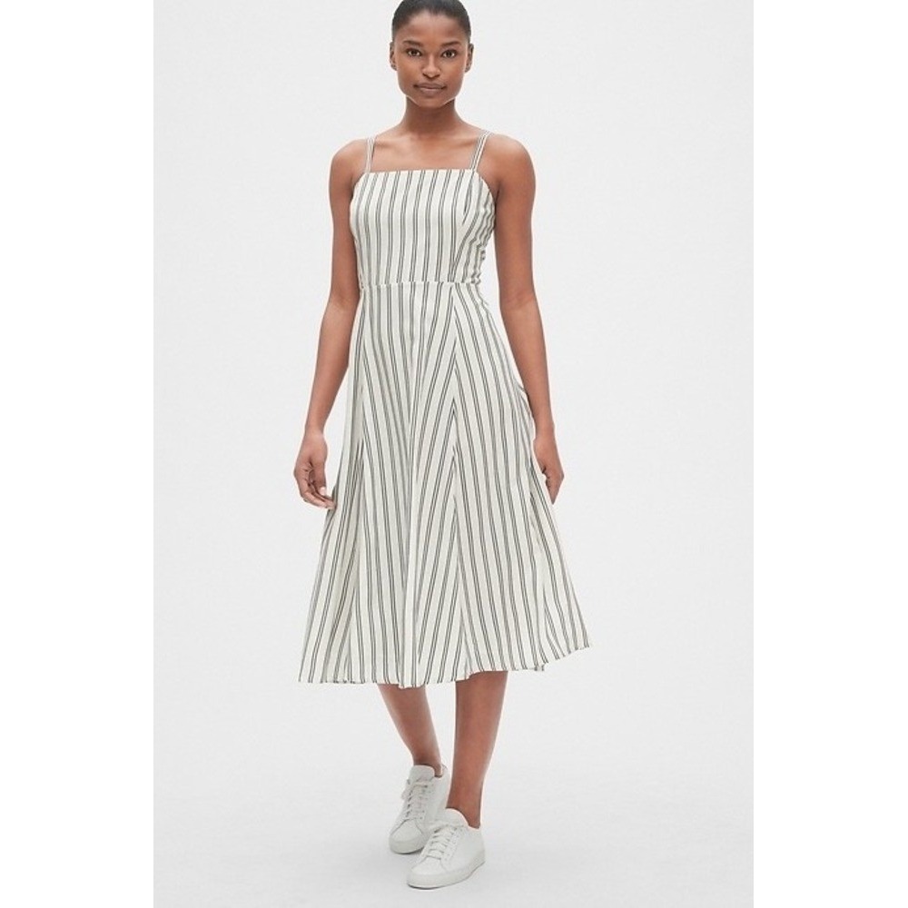 GAP Womens XS Ivory Black Striped Fit & Flare Midi Dress Cami Smocked Back